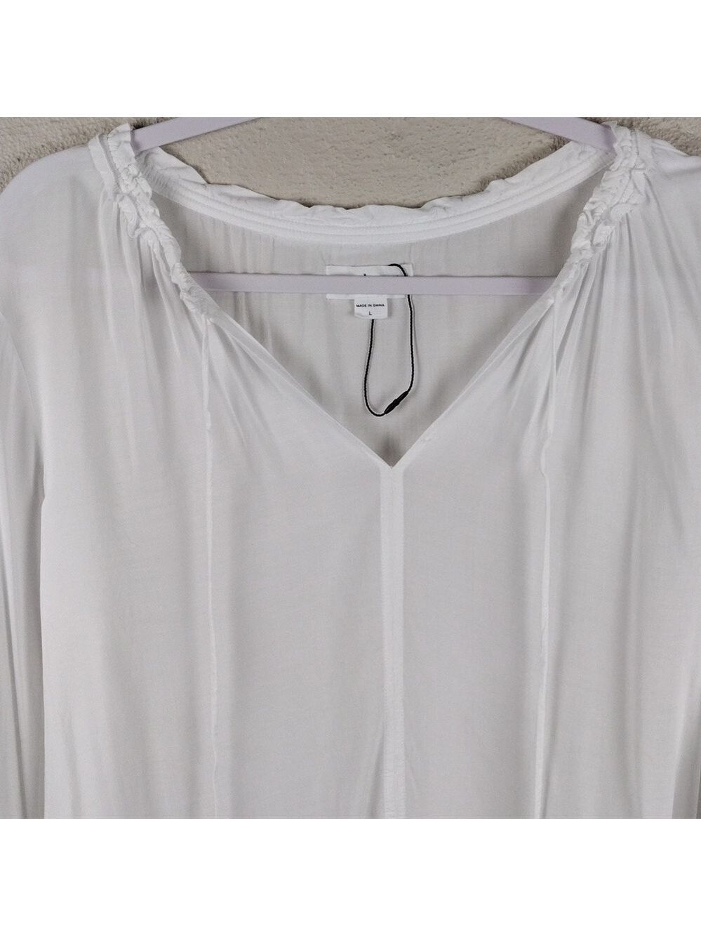 Velvet By Graham & Spencer White Ruffle Tie V-Neck Long Sleeve Sheer Peasant Top - Picture 5 of 14